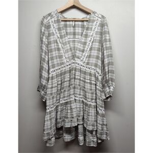 Free People Cream and Gray Plaid Lace-Trim Mini Dress